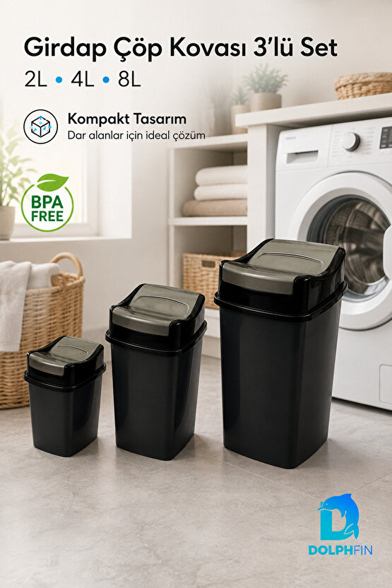 Girdap 3’lü Sallanır Kapaklı Çöp Kovası Seti 2 L 4 L 8 L Banyo Mutfak Siyah