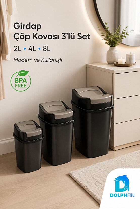 Girdap 3’lü Sallanır Kapaklı Çöp Kovası Seti 2 L 4 L 8 L Banyo Mutfak Siyah