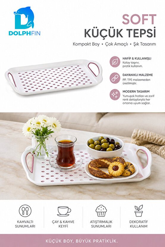 Soft Küçük Boy Kulplu Plastik Servis Tepsisi Nokta Desenli Beyaz Pudra BPA İçermez