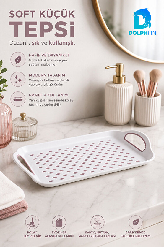 Soft Küçük Boy Kulplu Plastik Servis Tepsisi Nokta Desenli Beyaz Pudra BPA İçermez
