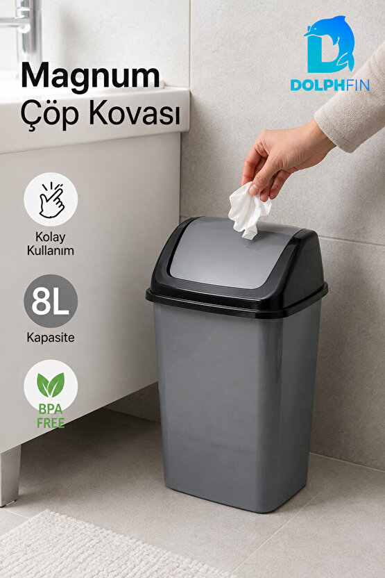 Magnum 8 Litre Sallanır Kapaklı Çöp Kovası Mutfak Banyo Ofis Antrasit