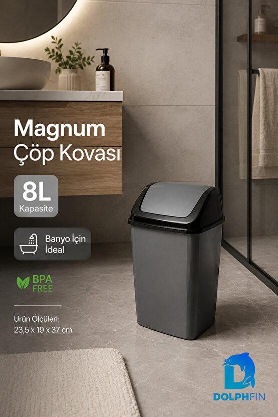 Magnum 8 Litre Sallanır Kapaklı Çöp Kovası Mutfak Banyo Ofis Antrasit