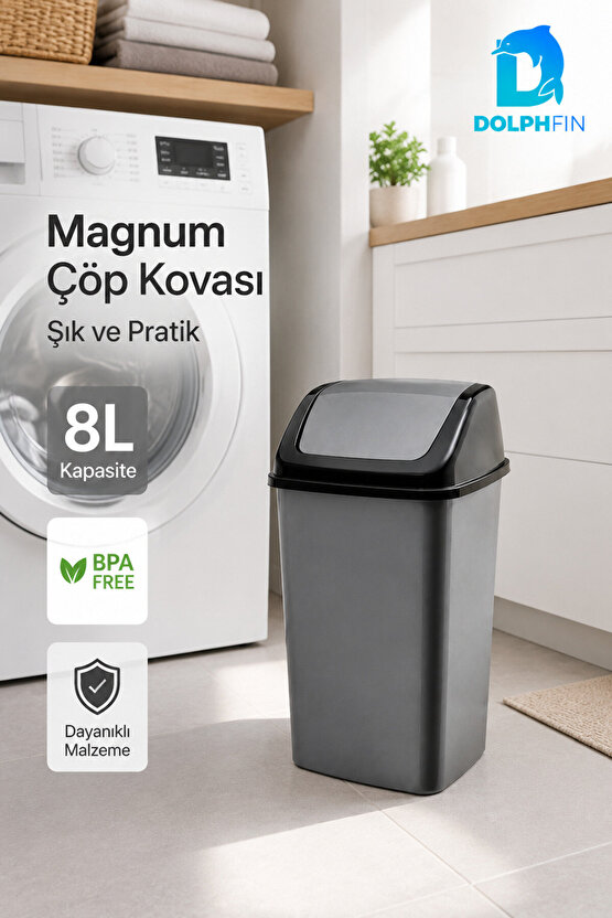 Magnum 8 Litre Sallanır Kapaklı Çöp Kovası Mutfak Banyo Ofis Antrasit