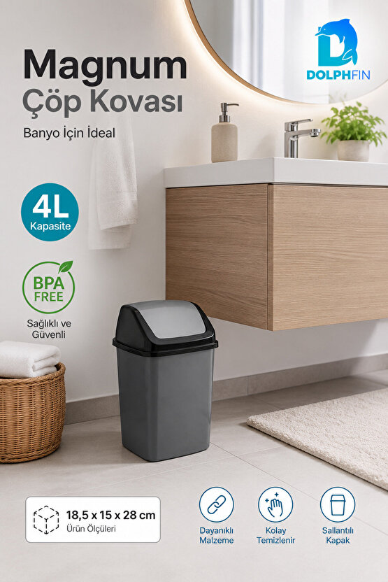 Magnum 4 Litre Sallanır Kapaklı Mini Çöp Kovası Banyo Mutfak Ofis Antrasit