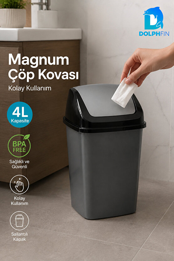Magnum 4 Litre Sallanır Kapaklı Mini Çöp Kovası Banyo Mutfak Ofis Antrasit