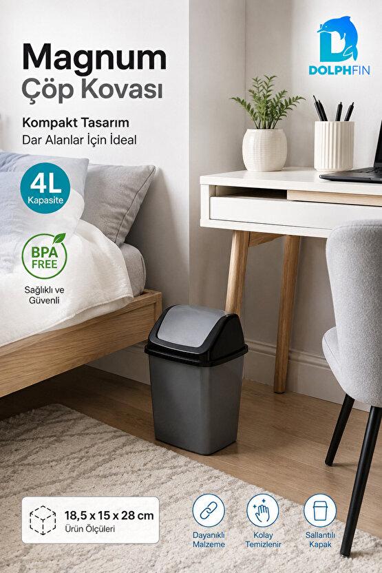 Magnum 4 Litre Sallanır Kapaklı Mini Çöp Kovası Banyo Mutfak Ofis Antrasit