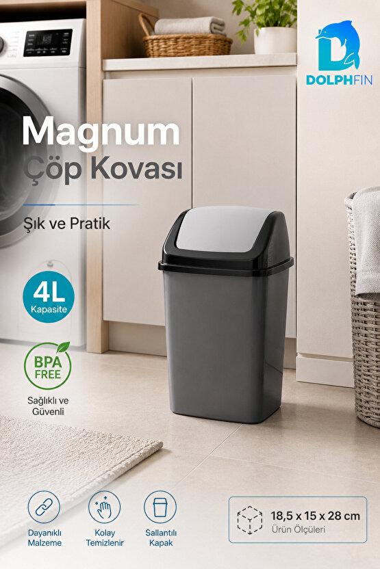 Magnum 4 Litre Sallanır Kapaklı Mini Çöp Kovası Banyo Mutfak Ofis Antrasit