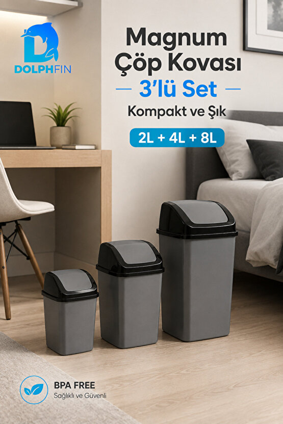 Magnum 3’lü Sallanır Kapaklı Çöp Kovası Seti 2 L 4 L 8 L Banyo Mutfak Antrasit