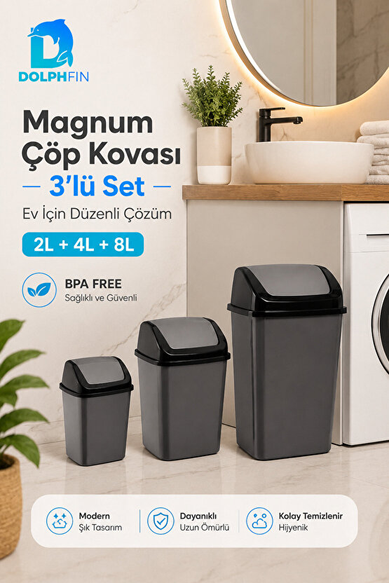 Magnum 3’lü Sallanır Kapaklı Çöp Kovası Seti 2 L 4 L 8 L Banyo Mutfak Antrasit