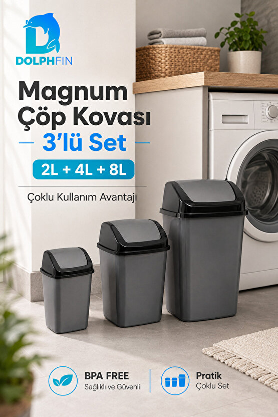 Magnum 3’lü Sallanır Kapaklı Çöp Kovası Seti 2 L 4 L 8 L Banyo Mutfak Antrasit