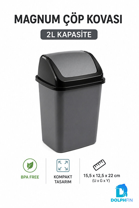 Magnum 2 Litre Sallanır Kapaklı Mini Çöp Kovası Masaüstü Banyo Mutfak Antrasit
