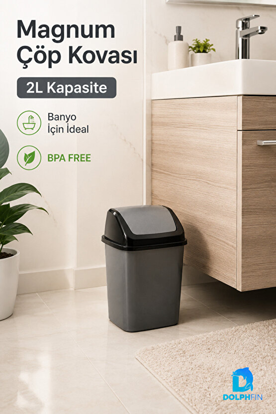 Magnum 2 Litre Sallanır Kapaklı Mini Çöp Kovası Masaüstü Banyo Mutfak Antrasit