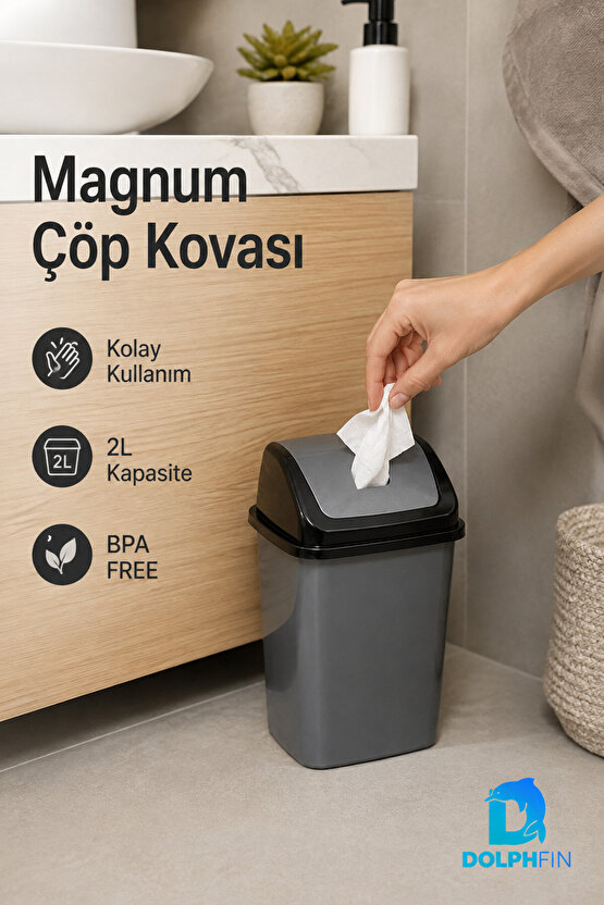 Magnum 2 Litre Sallanır Kapaklı Mini Çöp Kovası Masaüstü Banyo Mutfak Antrasit