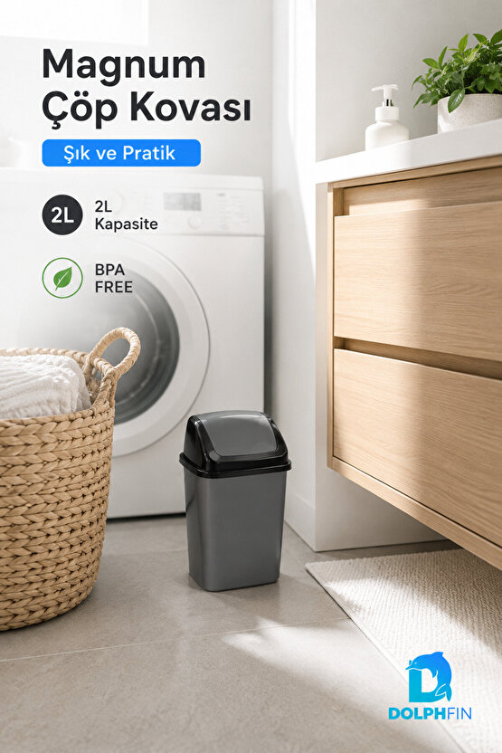 Magnum 2 Litre Sallanır Kapaklı Mini Çöp Kovası Masaüstü Banyo Mutfak Antrasit