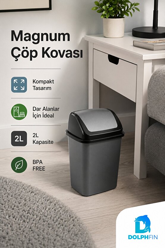 Magnum 2 Litre Sallanır Kapaklı Mini Çöp Kovası Masaüstü Banyo Mutfak Antrasit