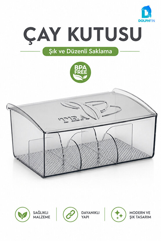 3 Bölmeli Kapaklı Şeffaf Çay Kutusu Poşet Çay Organizeri 22x17x9 cm BPA İçermez