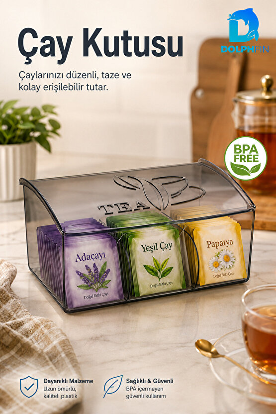3 Bölmeli Kapaklı Şeffaf Çay Kutusu Poşet Çay Organizeri 22x17x9 cm BPA İçermez