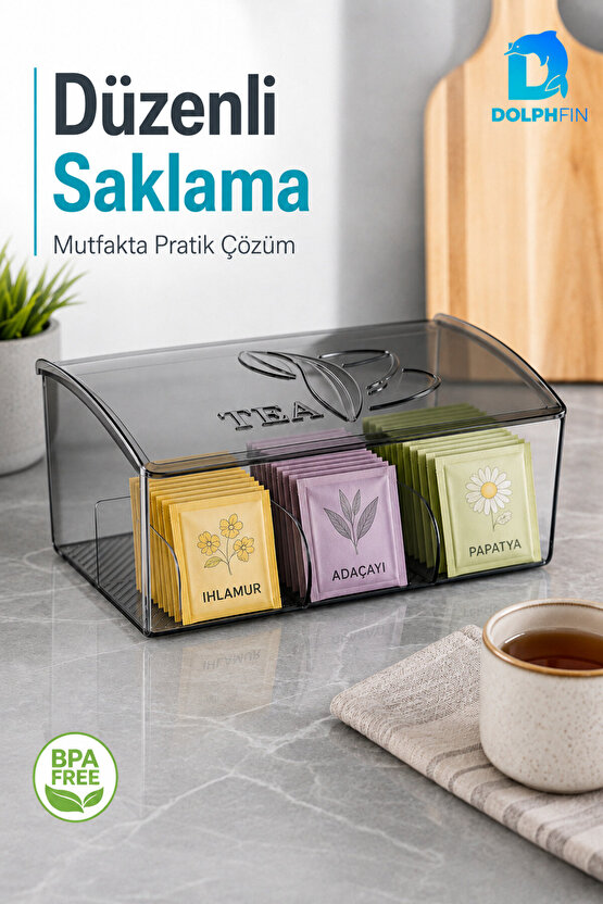 3 Bölmeli Kapaklı Şeffaf Çay Kutusu Poşet Çay Organizeri 22x17x9 cm BPA İçermez