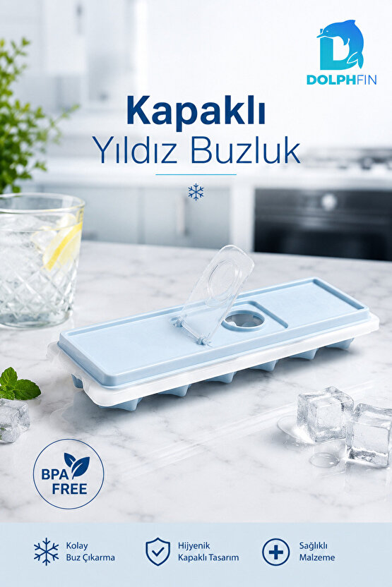 Kapaklı Yıldız Buz Kalıbı Su Doldurma Kapaklı Buzluk BPA İçermez Mavi