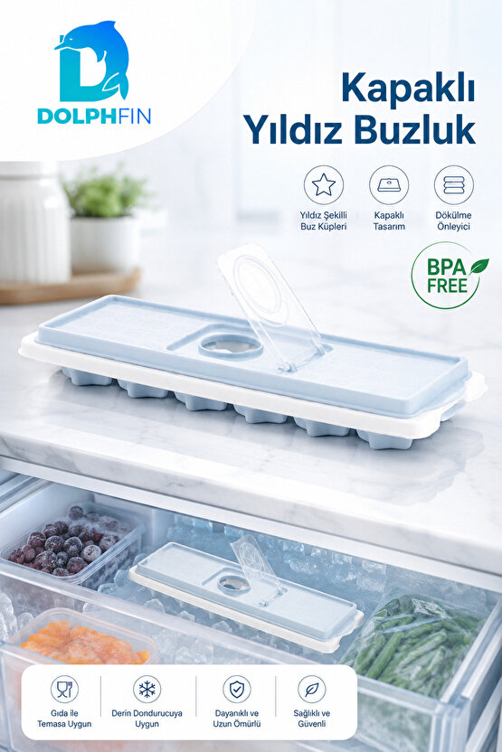 Kapaklı Yıldız Buz Kalıbı Su Doldurma Kapaklı Buzluk BPA İçermez Mavi