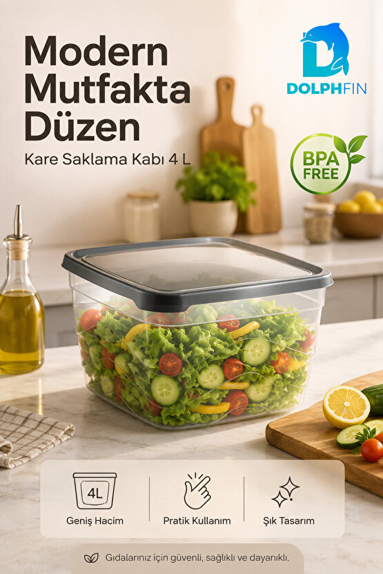 4 Litre Kapaklı Kare Saklama Kabı İstiflenebilir BPA İçermez Şeffaf Siyah
