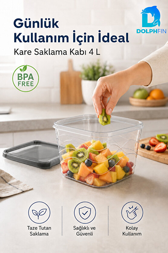 4 Litre Kapaklı Kare Saklama Kabı İstiflenebilir BPA İçermez Şeffaf Siyah