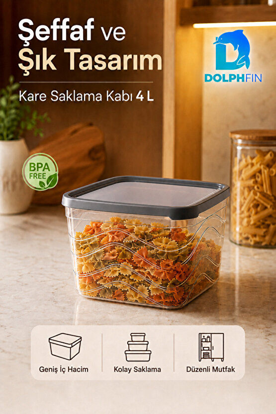 4 Litre Kapaklı Kare Saklama Kabı İstiflenebilir BPA İçermez Şeffaf Siyah