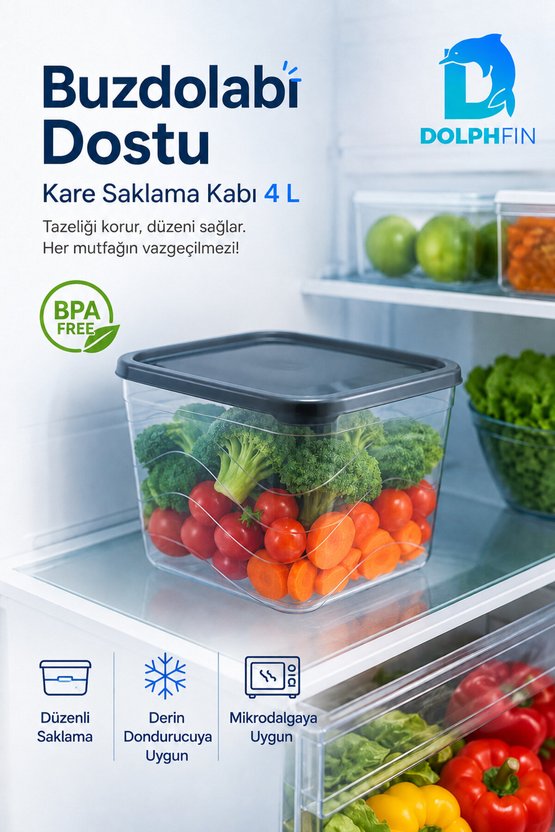 4 Litre Kapaklı Kare Saklama Kabı İstiflenebilir BPA İçermez Şeffaf Siyah