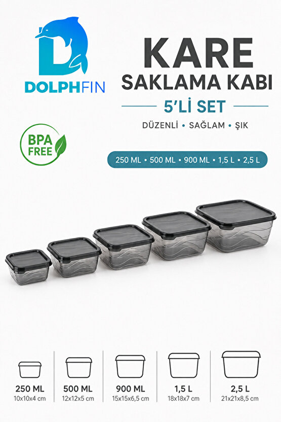 5’li Kare Saklama Kabı Seti Kapaklı 250 ml 500 ml 900 ml 1,5 L 2,5 L BPA İçermez