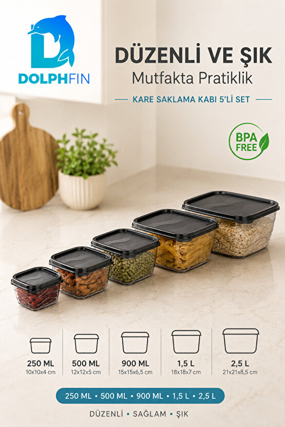 5’li Kare Saklama Kabı Seti Kapaklı 250 ml 500 ml 900 ml 1,5 L 2,5 L BPA İçermez
