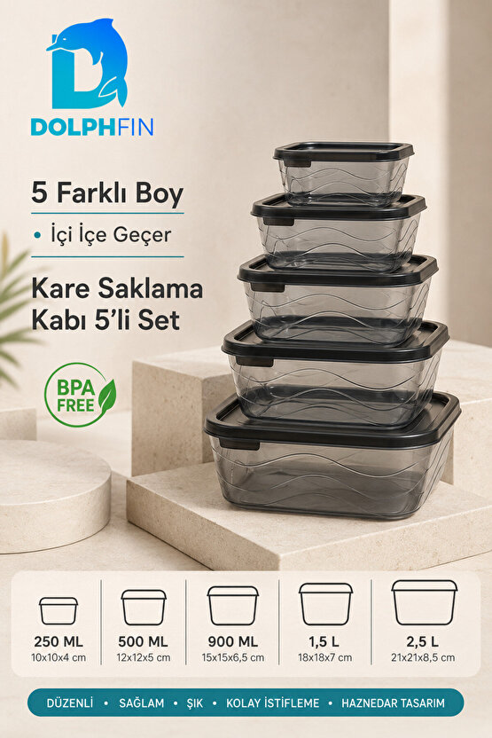 5’li Kare Saklama Kabı Seti Kapaklı 250 ml 500 ml 900 ml 1,5 L 2,5 L BPA İçermez