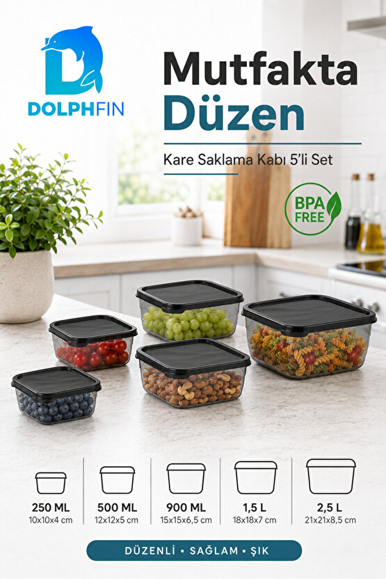 5’li Kare Saklama Kabı Seti Kapaklı 250 ml 500 ml 900 ml 1,5 L 2,5 L BPA İçermez