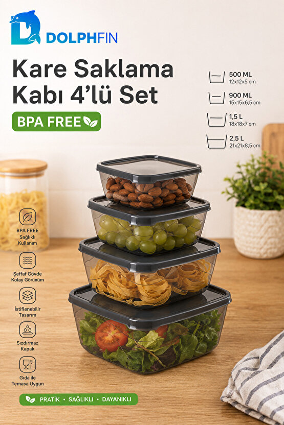 4’lü Kare Saklama Kabı Seti Kapaklı 500 ml 900 ml 1,5 L 2,5 L BPA İçermez