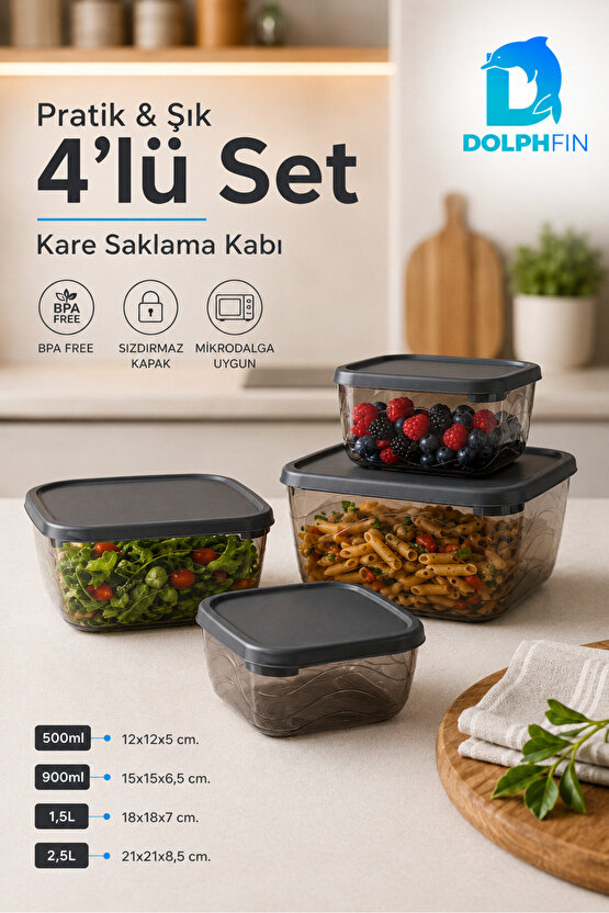 4’lü Kare Saklama Kabı Seti Kapaklı 500 ml 900 ml 1,5 L 2,5 L BPA İçermez