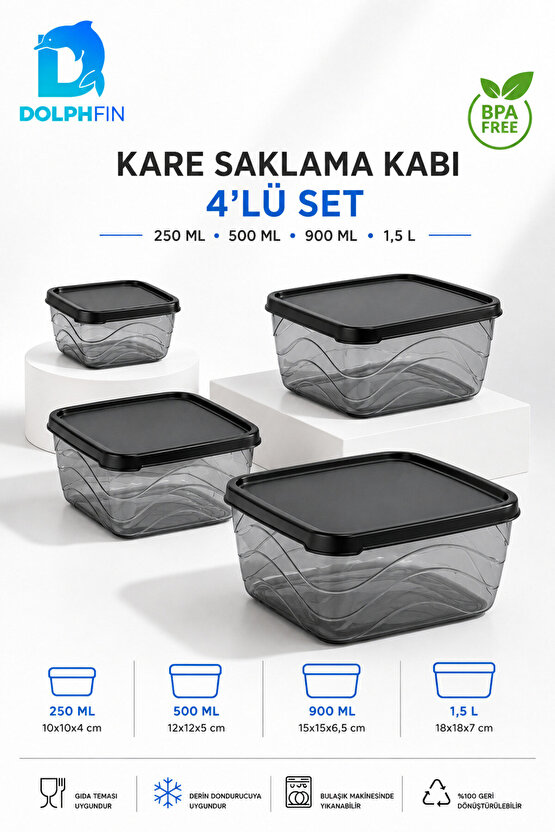 4’lü Kare Saklama Kabı Seti Kapaklı 250 ml 500 ml 900 ml 1,5 L BPA İçermez