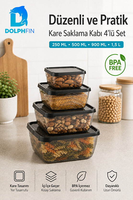 4’lü Kare Saklama Kabı Seti Kapaklı 250 ml 500 ml 900 ml 1,5 L BPA İçermez