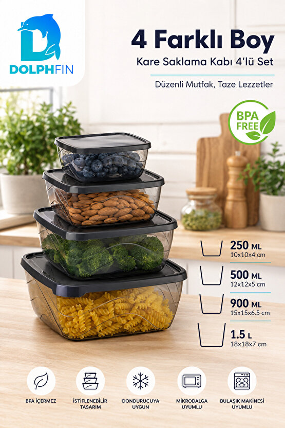 4’lü Kare Saklama Kabı Seti Kapaklı 250 ml 500 ml 900 ml 1,5 L BPA İçermez