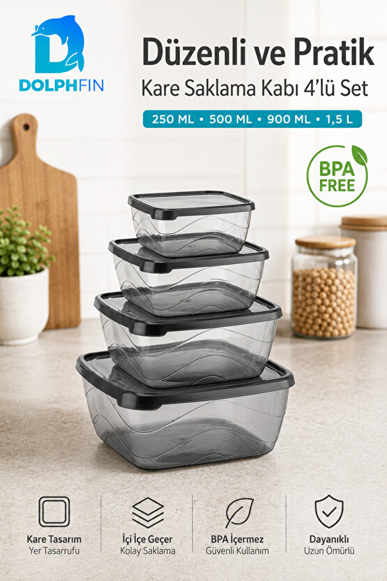 4’lü Kare Saklama Kabı Seti Kapaklı 250 ml 500 ml 900 ml 1,5 L BPA İçermez
