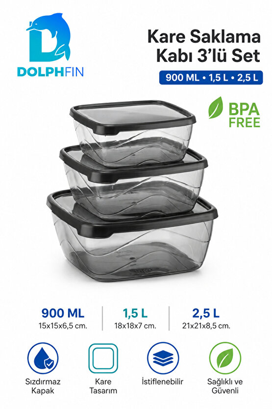 3’lü Kare Saklama Kabı Seti Sızdırmaz Kapaklı 900 ml 1,5 L 2,5 L BPA İçermez