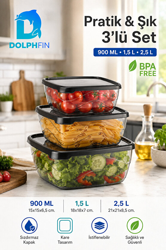 3’lü Kare Saklama Kabı Seti Sızdırmaz Kapaklı 900 ml 1,5 L 2,5 L BPA İçermez