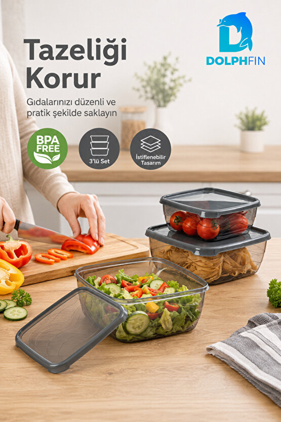 3’lü Kare Saklama Kabı Seti 250 ml 500 ml 900 ml Füme Şeffaf BPA İçermez