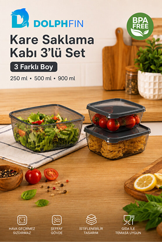 3’lü Kare Saklama Kabı Seti 250 ml 500 ml 900 ml Füme Şeffaf BPA İçermez