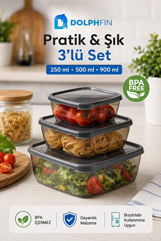 3’lü Kare Saklama Kabı Seti 250 ml 500 ml 900 ml Füme Şeffaf BPA İçermez