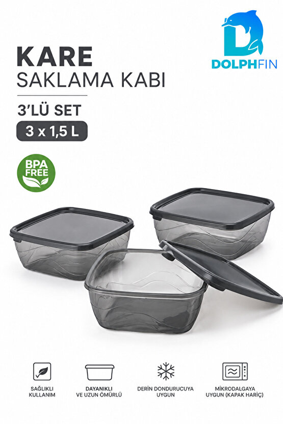 3’lü Kare Saklama Kabı Seti 3x1,5 Litre Füme Şeffaf Siyah Kapaklı BPA İçermez
