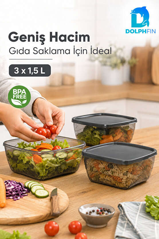 3’lü Kare Saklama Kabı Seti 3x1,5 Litre Füme Şeffaf Siyah Kapaklı BPA İçermez