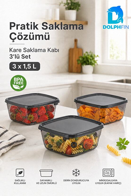 3’lü Kare Saklama Kabı Seti 3x1,5 Litre Füme Şeffaf Siyah Kapaklı BPA İçermez