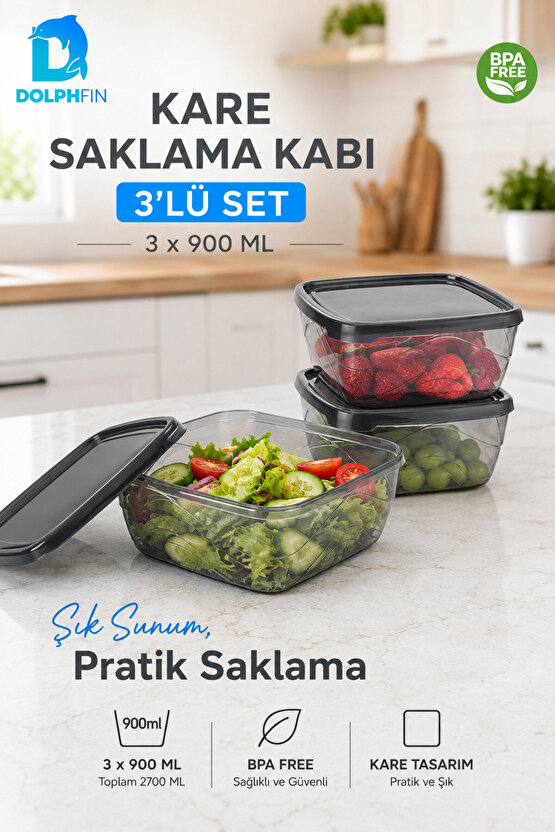 3’lü Kare Saklama Kabı Seti 3x900 ml Füme Şeffaf Siyah Kapaklı BPA İçermez