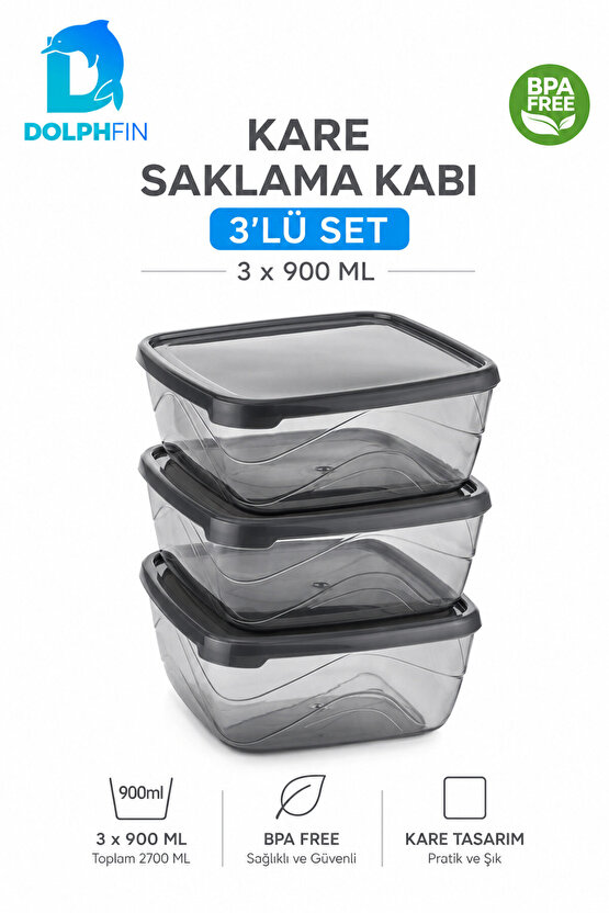 3’lü Kare Saklama Kabı Seti 3x900 ml Füme Şeffaf Siyah Kapaklı BPA İçermez