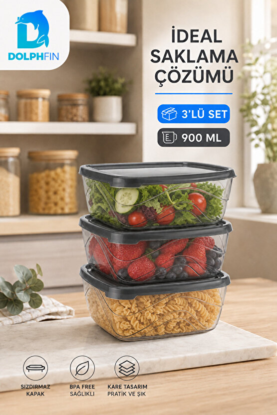 3’lü Kare Saklama Kabı Seti 3x900 ml Füme Şeffaf Siyah Kapaklı BPA İçermez
