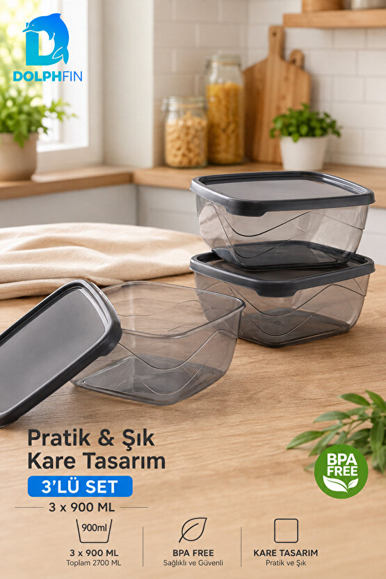 3’lü Kare Saklama Kabı Seti 3x900 ml Füme Şeffaf Siyah Kapaklı BPA İçermez